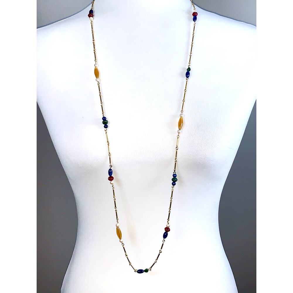 Gold Tone Multicolor Cluster Beaded Long Statement Necklace